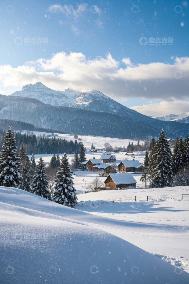 高清大图下载【趣麦麦图】雪山下的冬日乡村雪景