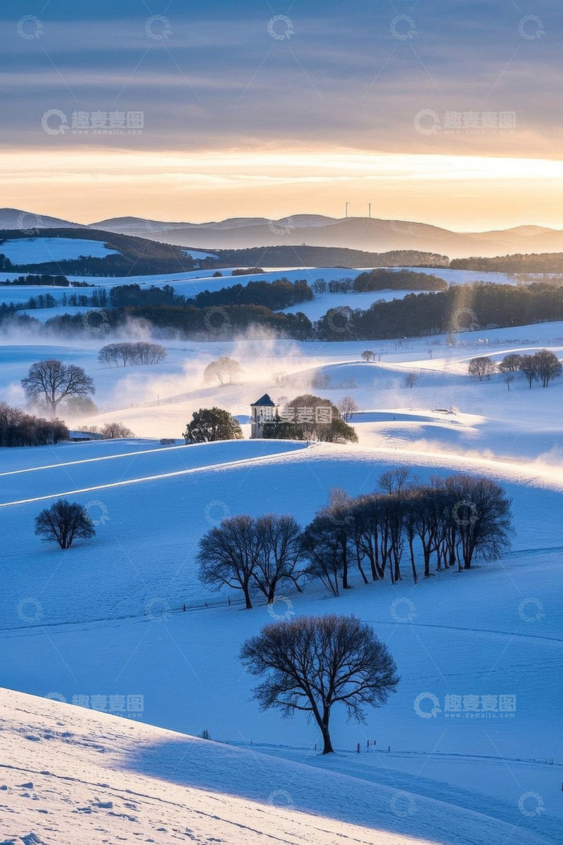高清大图下载【趣麦麦图】冬日雪野中的小屋与树木