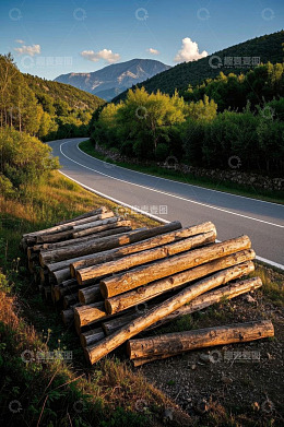 山间公路旁堆放的原木