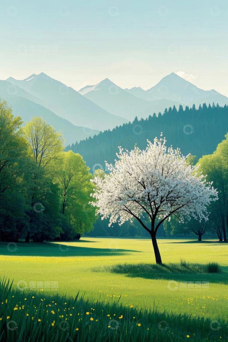 高清大图下载【趣麦麦图】原野中盛开白花的树与远山景观