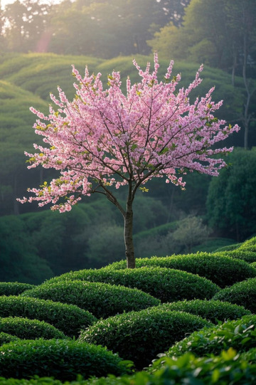 茶园中的盛开樱花