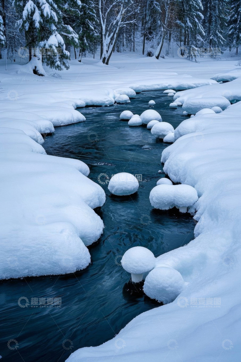 高清大图下载【趣麦麦图】冬季积雪覆盖的溪流景观