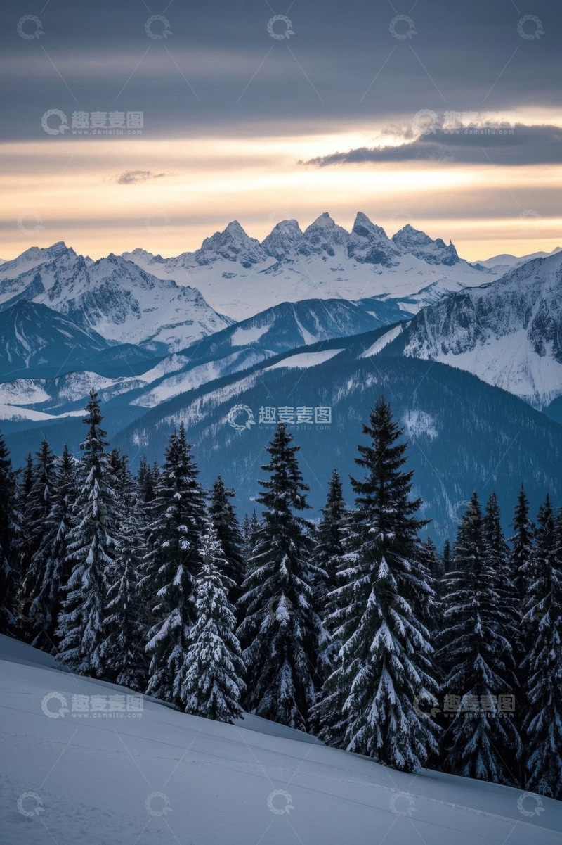 高清大图下载【趣麦麦图】雪山下覆盖积雪的森林景观