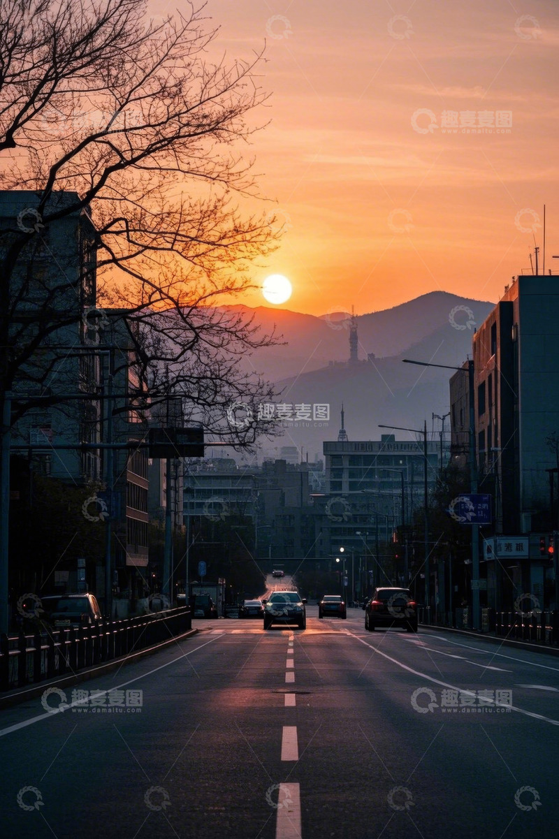 高清大图下载【趣麦麦图】城市街道日落时分景象