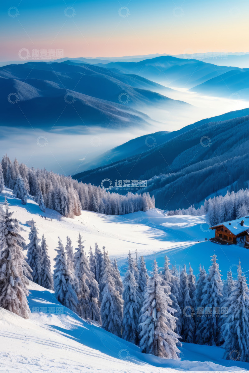 高清大图下载【趣麦麦图】冬日雪山森林中的木屋景观