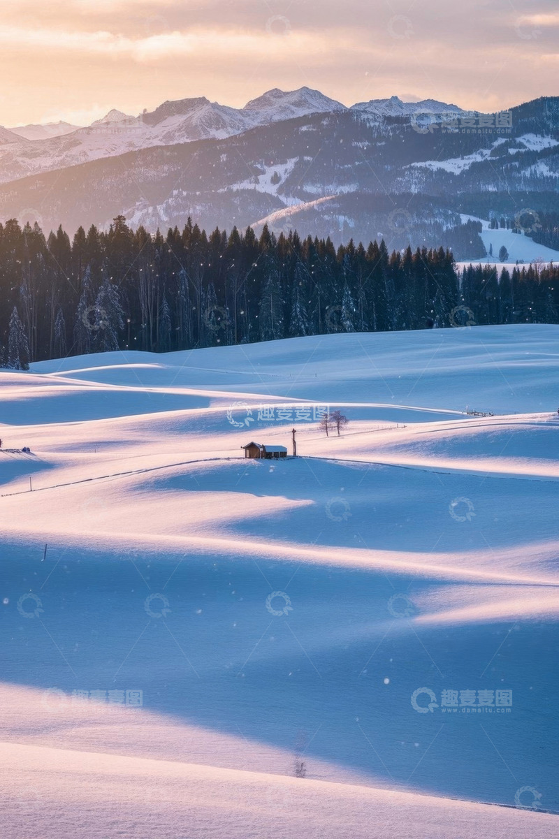 高清大图下载【趣麦麦图】雪后山林间的小屋风景