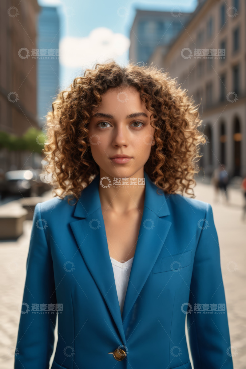 高清大图下载【趣麦麦图】户外穿蓝西装的年轻女子
