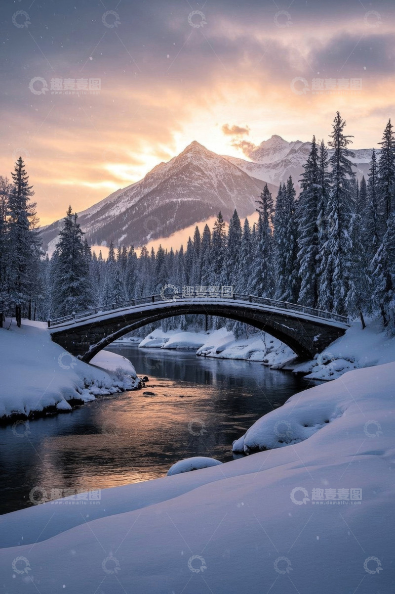 高清大图下载【趣麦麦图】雪后山林拱桥自然风光