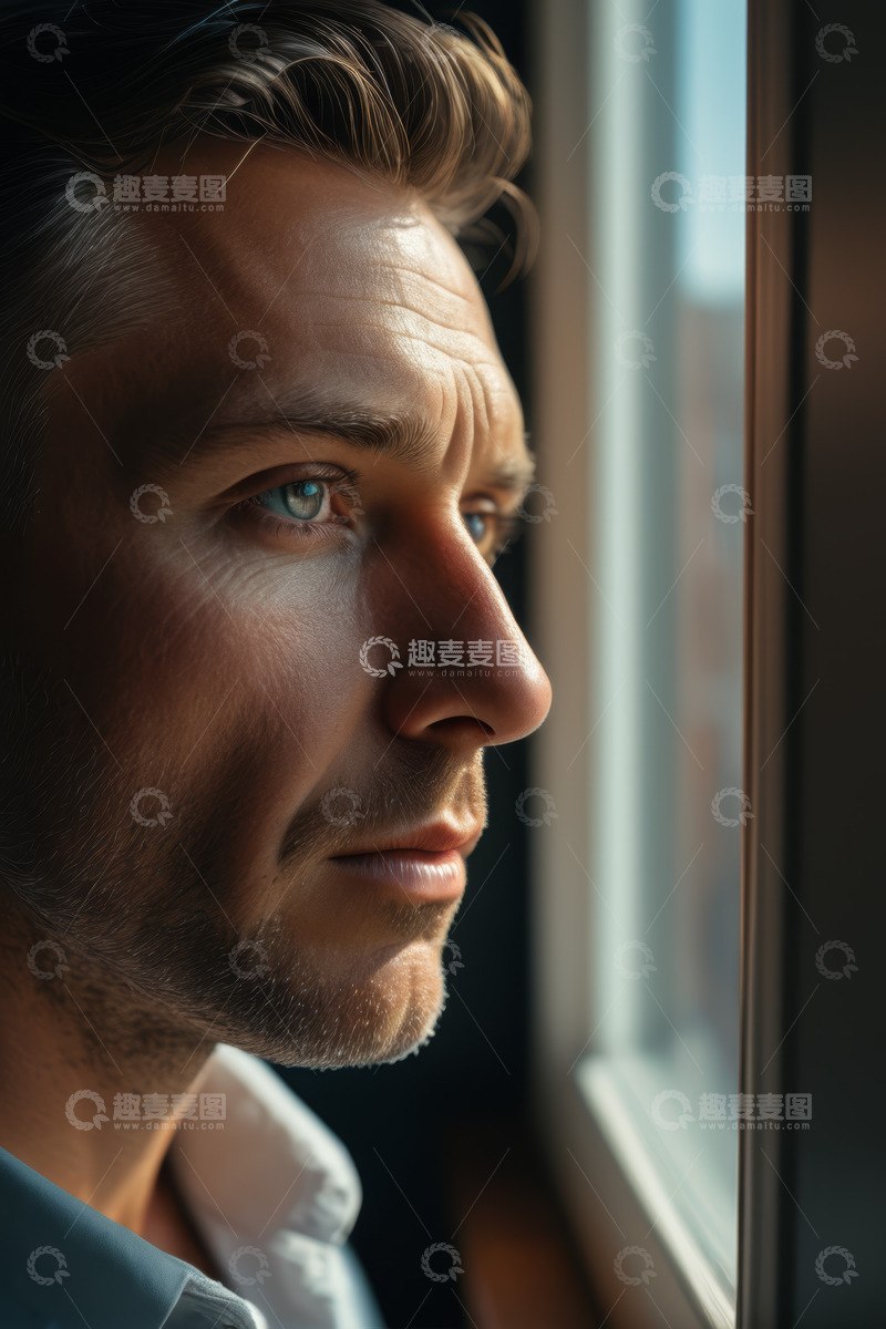 高清大图下载【趣麦麦图】窗边男子面部特写