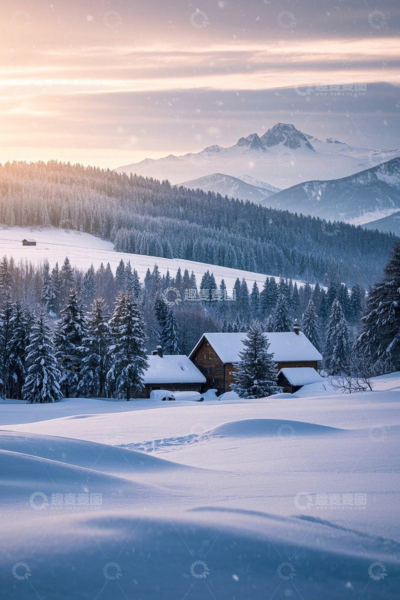 高清大图下载【趣麦麦图】雪后山林中的木屋风景