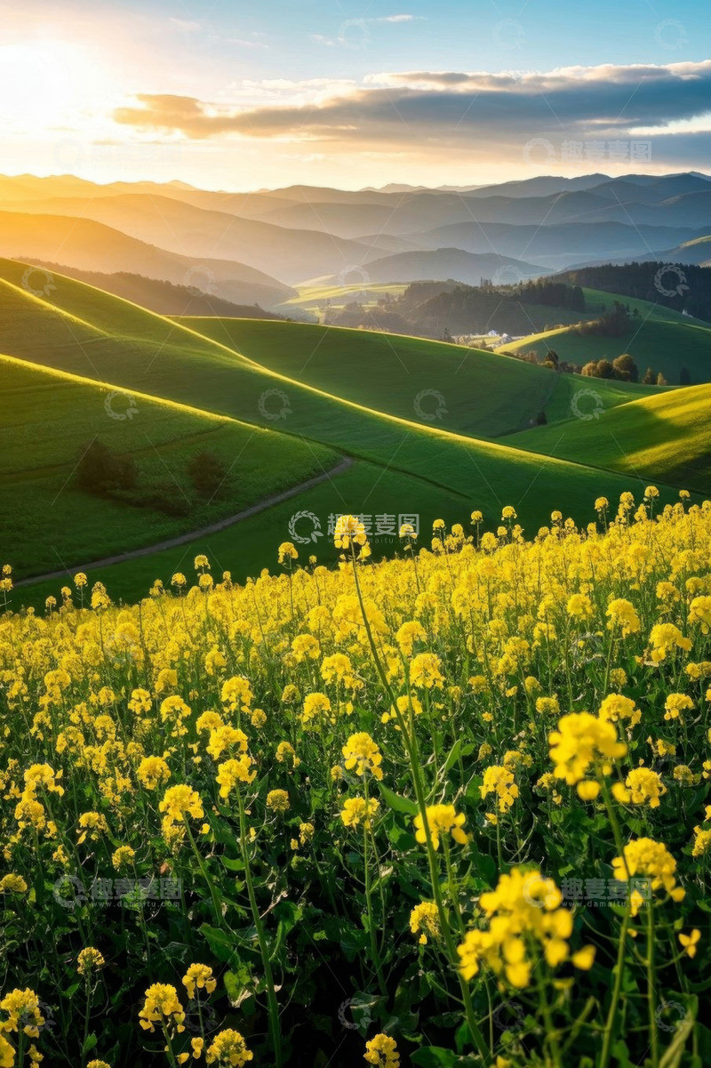 高清大图下载【趣麦麦图】田园油菜花田与远山风光
