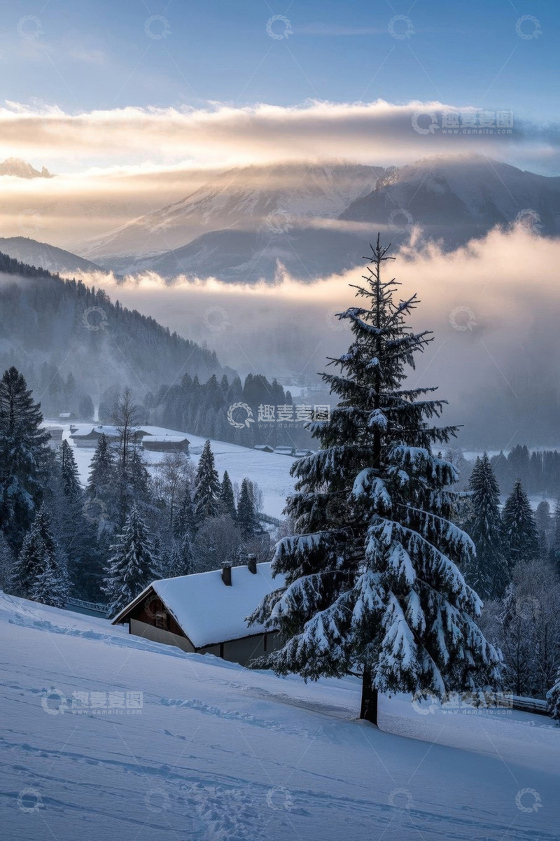 高清大图下载【趣麦麦图】雪后山林中的小屋与树木