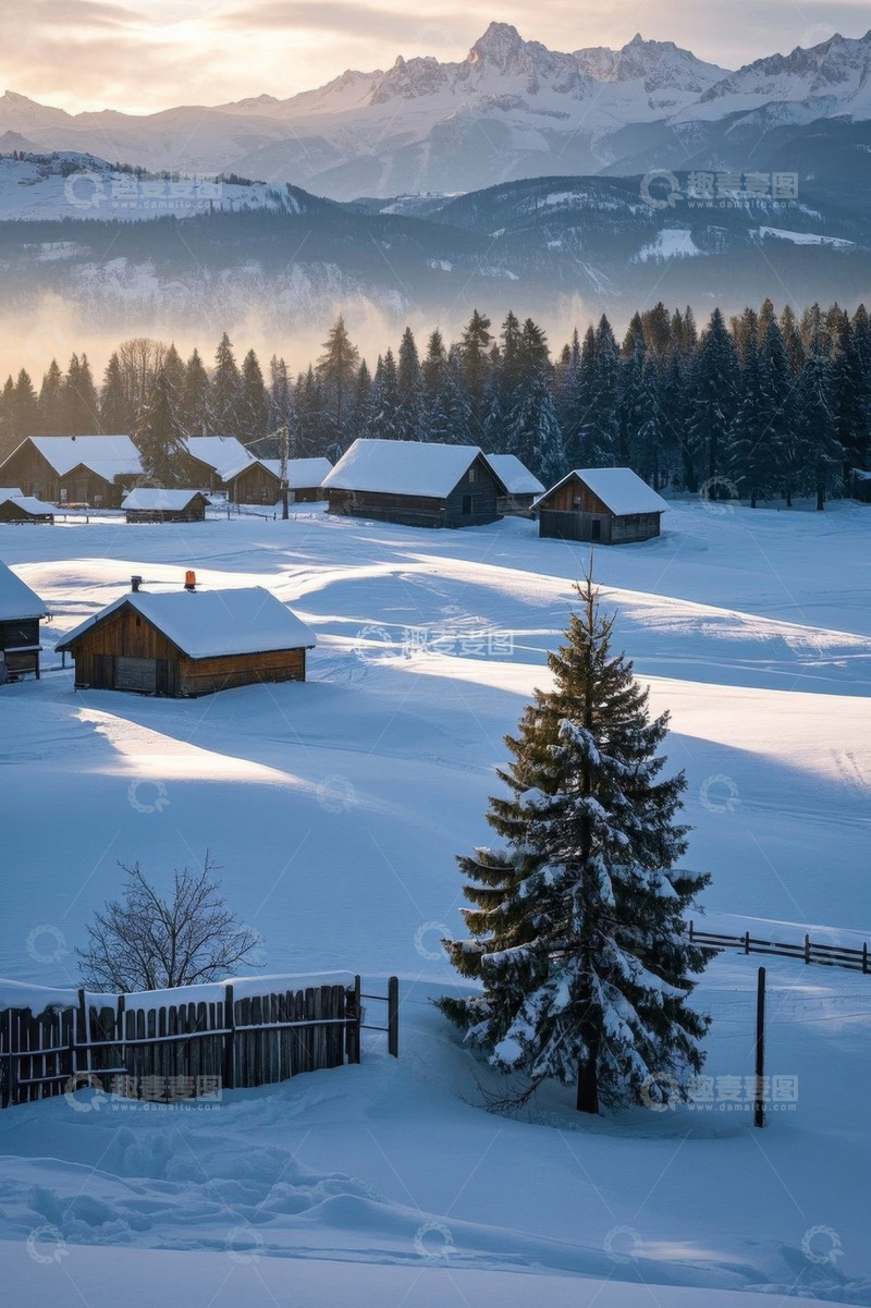 高清大图下载【趣麦麦图】雪山下的冬日村庄雪景