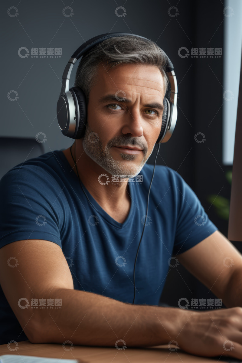 高清大图下载【趣麦麦图】戴耳机工作的中年男性