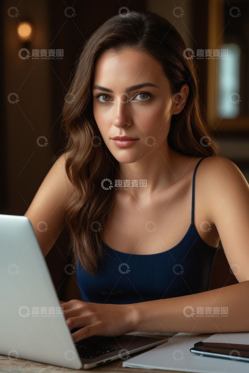 高清大图下载【趣麦麦图】女性室内使用笔记本电脑场景