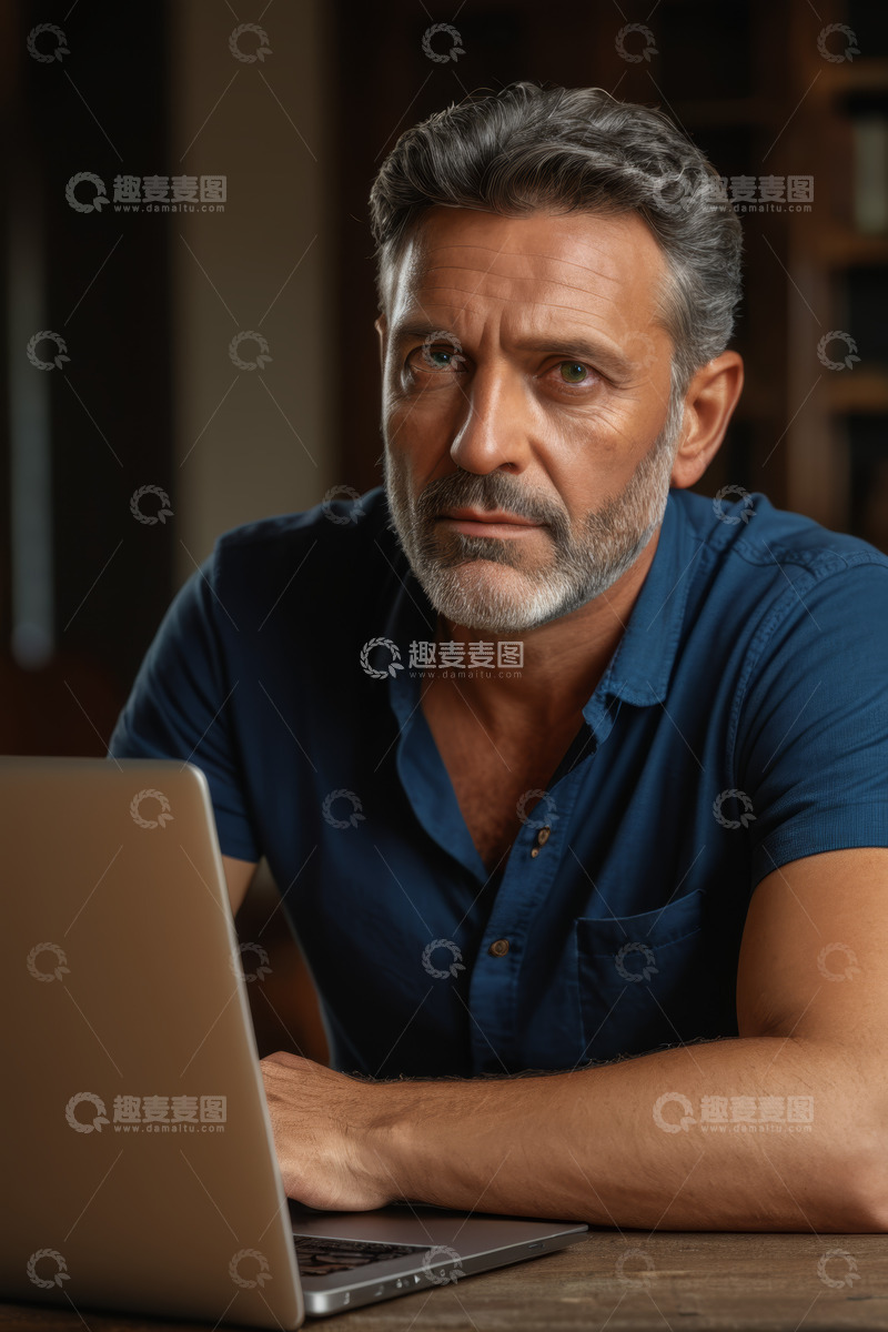 高清大图下载【趣麦麦图】中年男子专注使用笔记本电脑