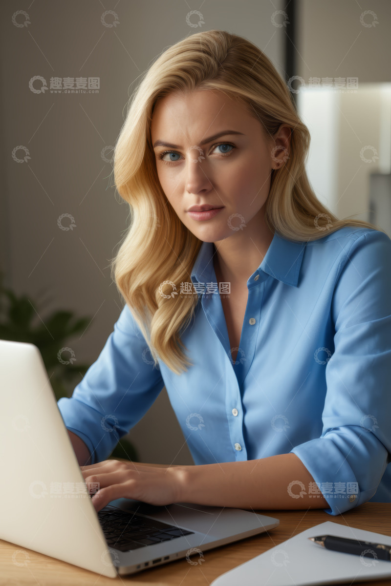 高清大图下载【趣麦麦图】金发女子办公使用笔记本电脑