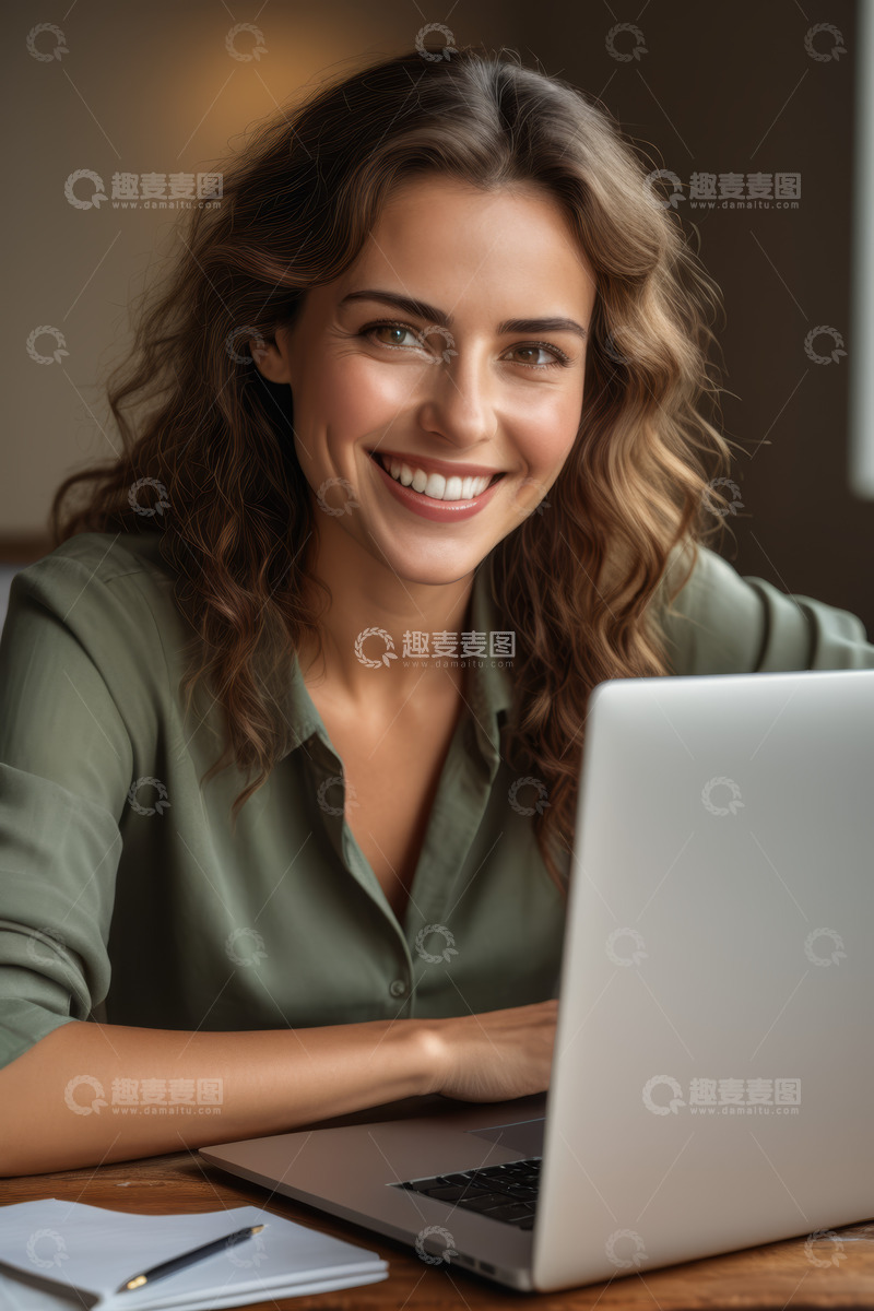 高清大图下载【趣麦麦图】微笑女性使用笔记本电脑工作