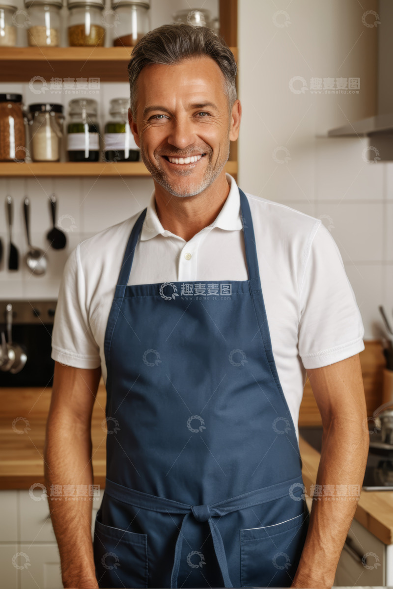 高清大图下载【趣麦麦图】穿着围裙微笑的厨房中年男性