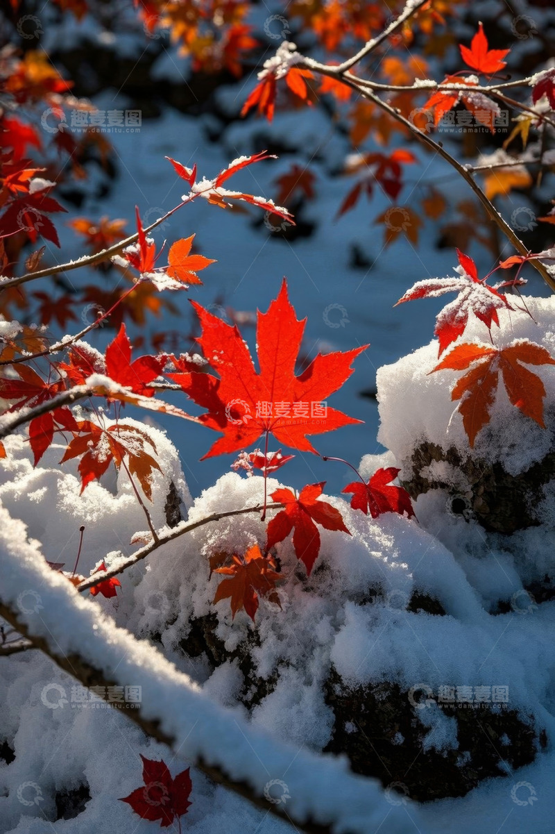 高清大图下载【趣麦麦图】雪后红枫叶户外景象