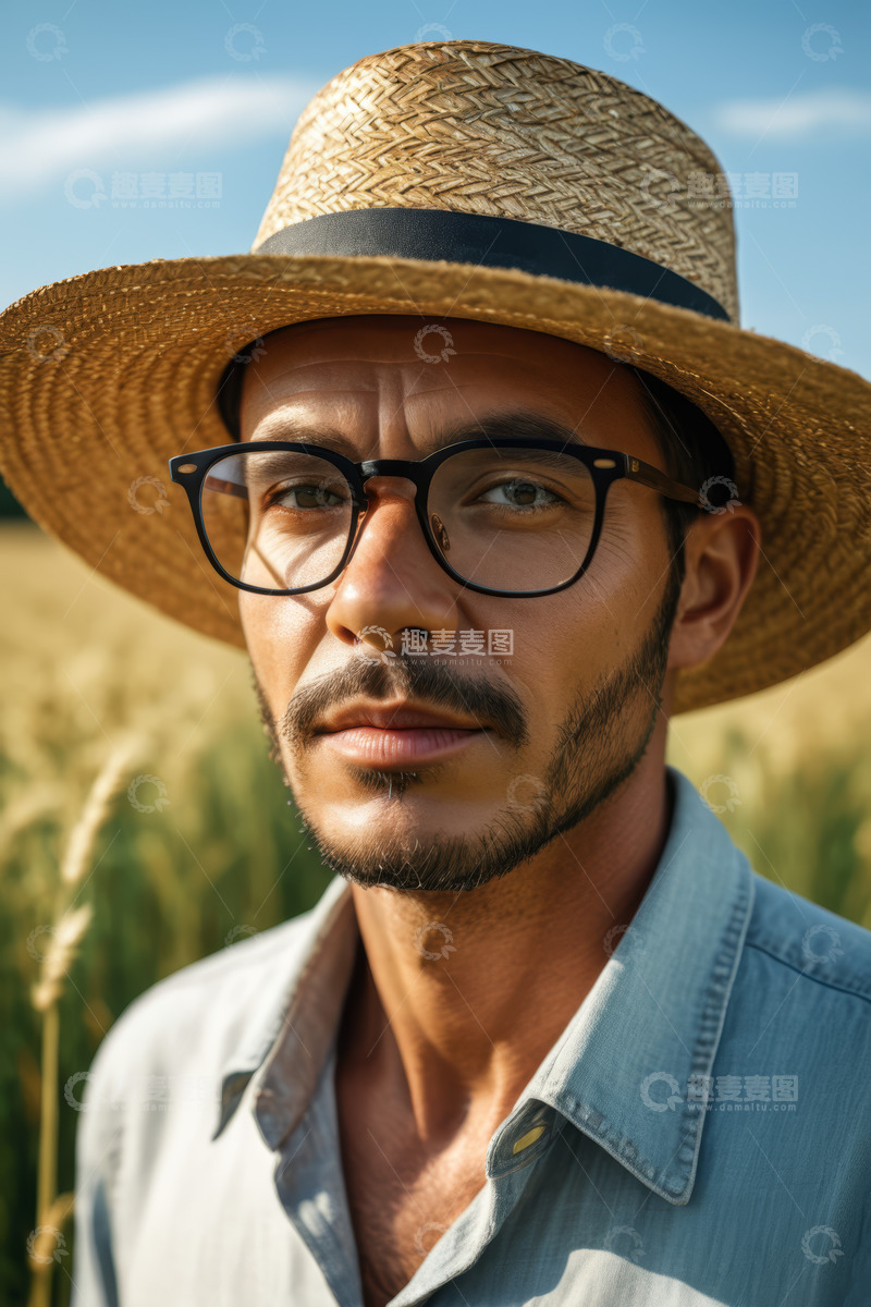 高清大图下载【趣麦麦图】麦田中戴草帽眼镜的男子