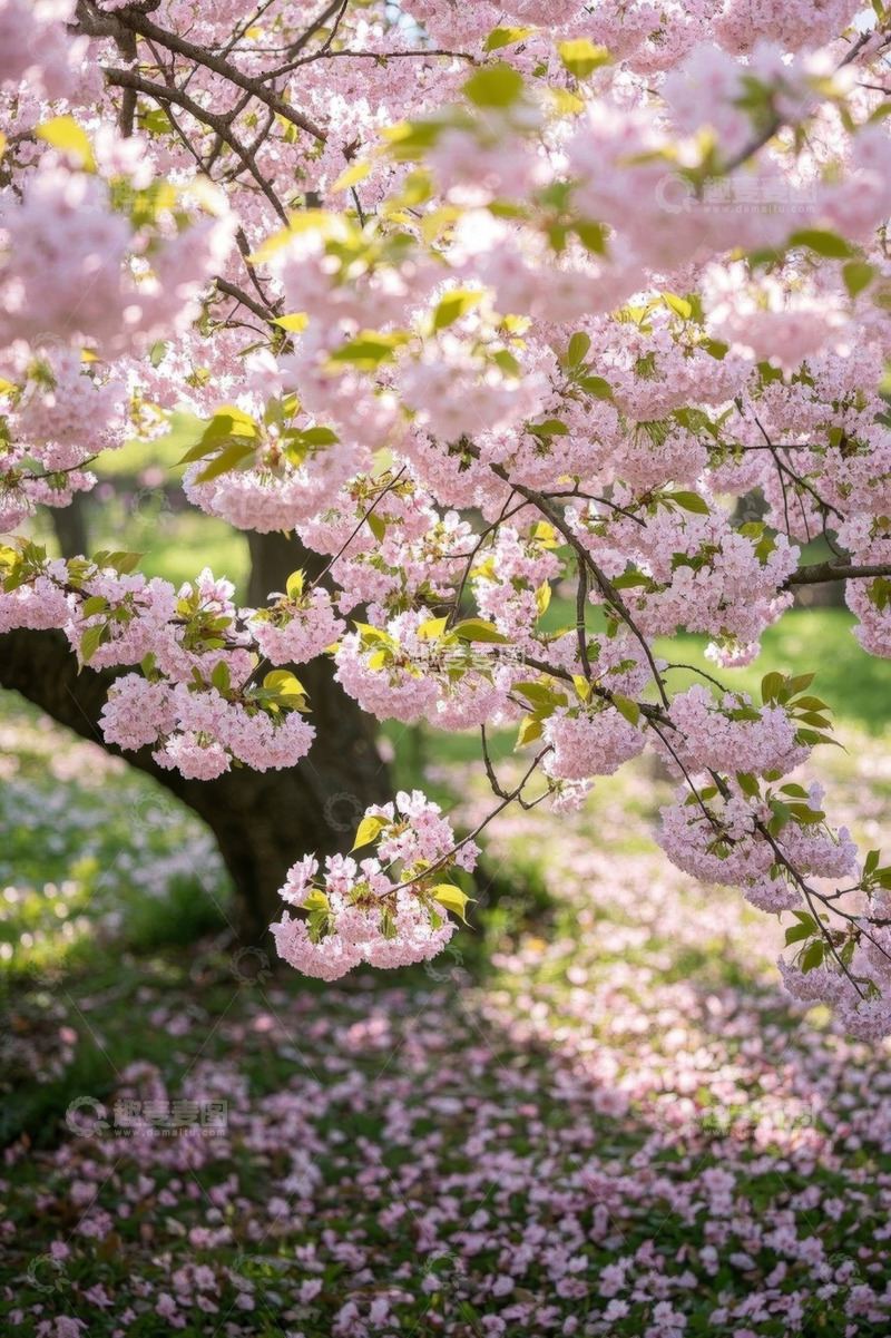 高清大图下载【趣麦麦图】盛开的樱花树与散落的花瓣