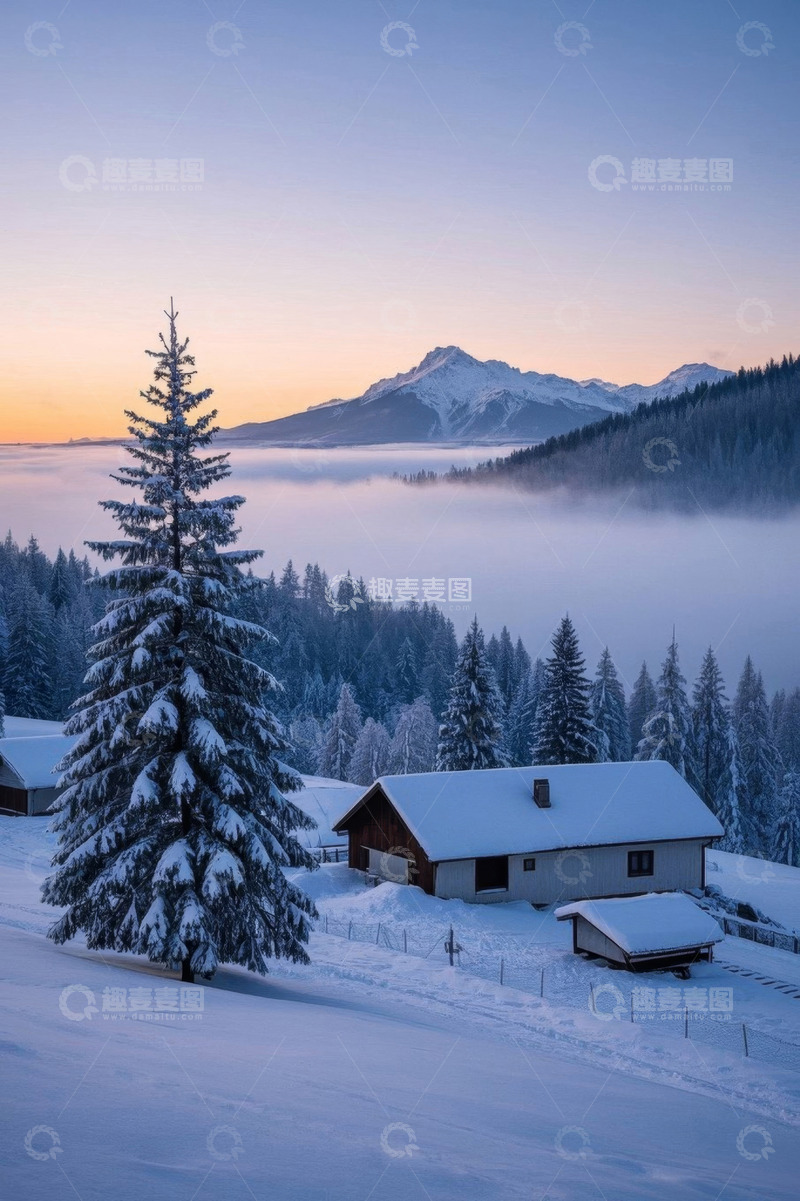 高清大图下载【趣麦麦图】雪中山间小屋与森林景观
