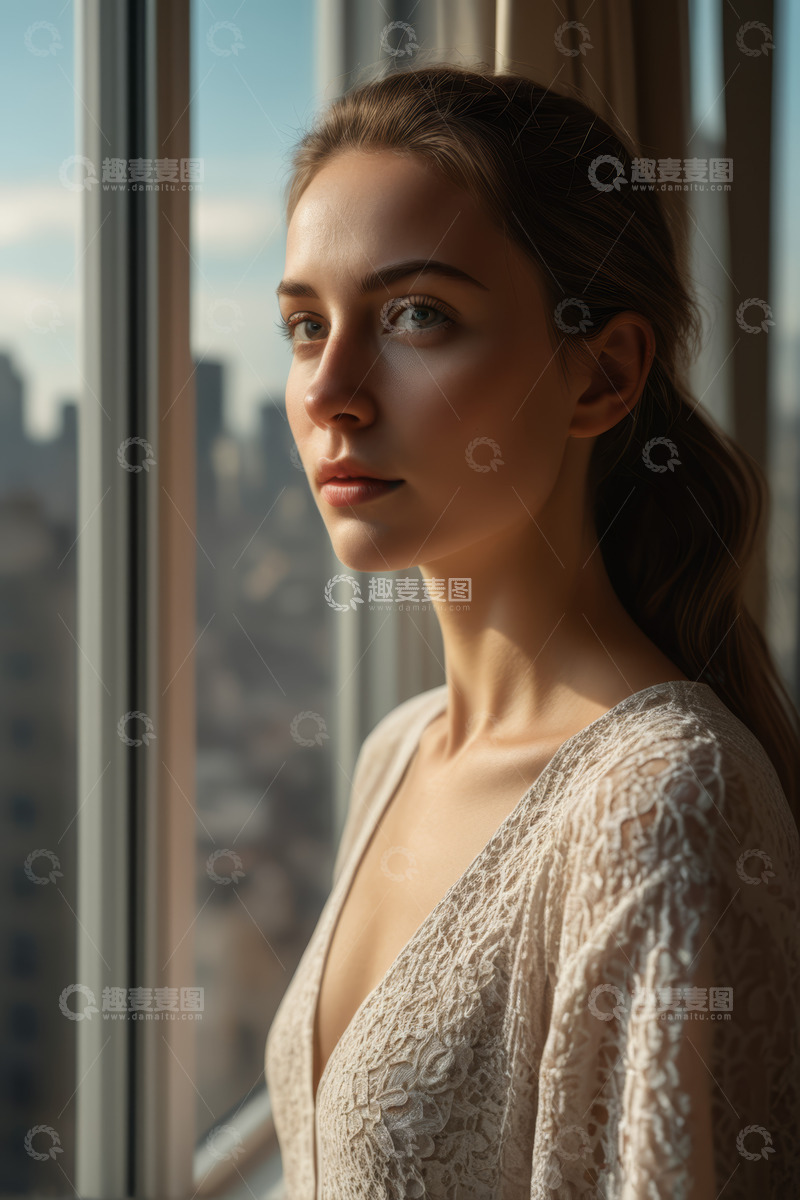 高清大图下载【趣麦麦图】窗边女子优雅肖像