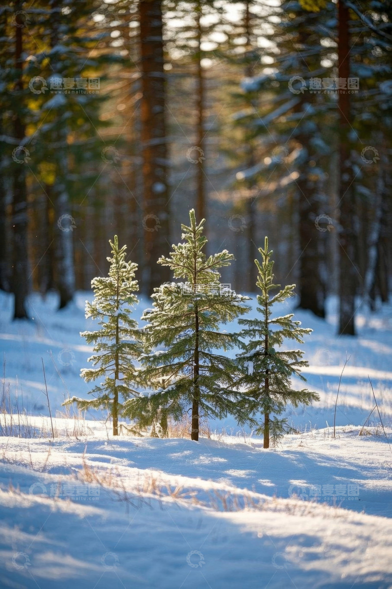 高清大图下载【趣麦麦图】雪地森林中的幼龄松树