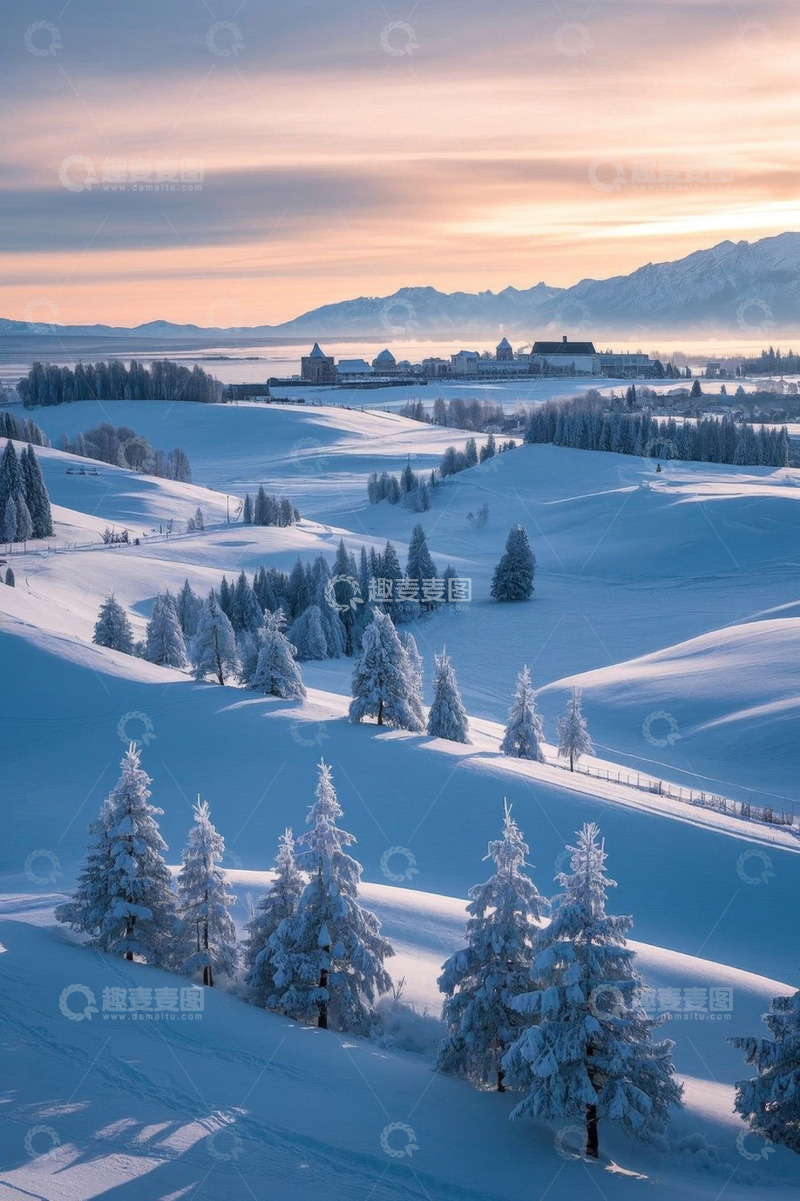 高清大图下载【趣麦麦图】冬日雪覆盖的山林与远处建筑