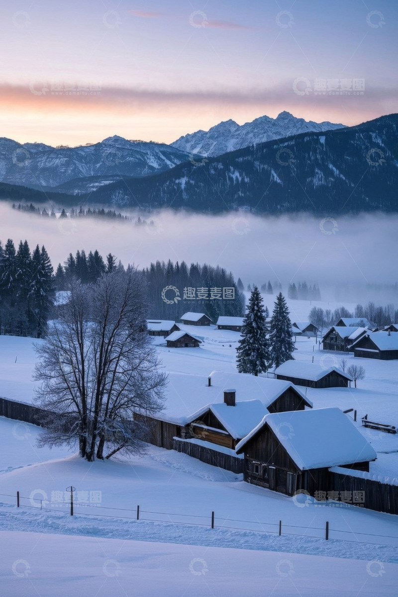 高清大图下载【趣麦麦图】雪中山村冬日景色