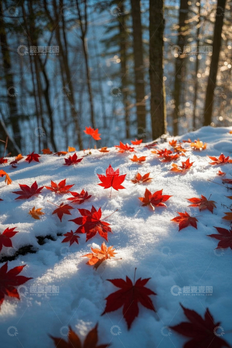 高清大图下载【趣麦麦图】雪地上散落的红色枫叶