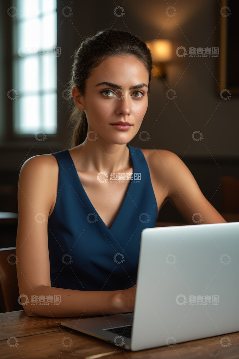 年轻女性专注使用笔记本电脑