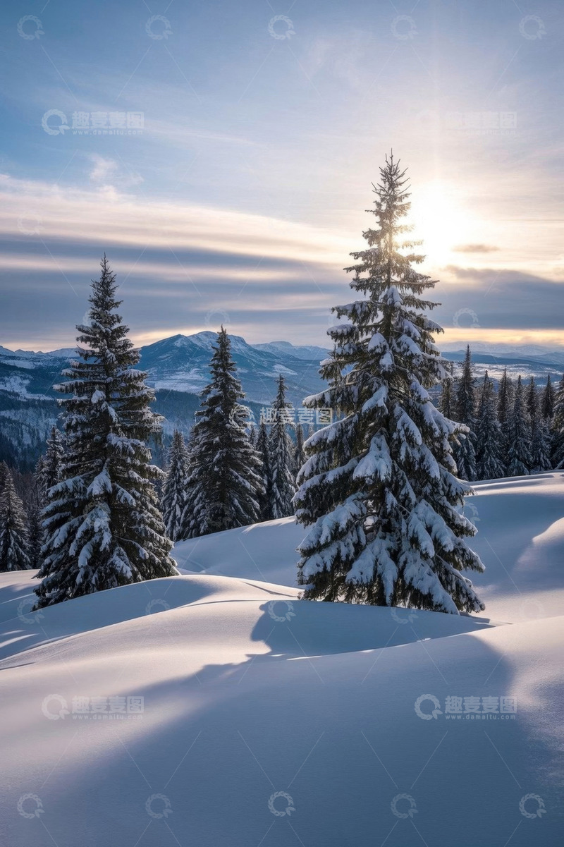 高清大图下载【趣麦麦图】冬日雪山森林阳光风景