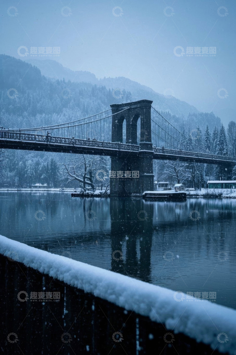 高清大图下载【趣麦麦图】雪天湖面吊桥与山林景观