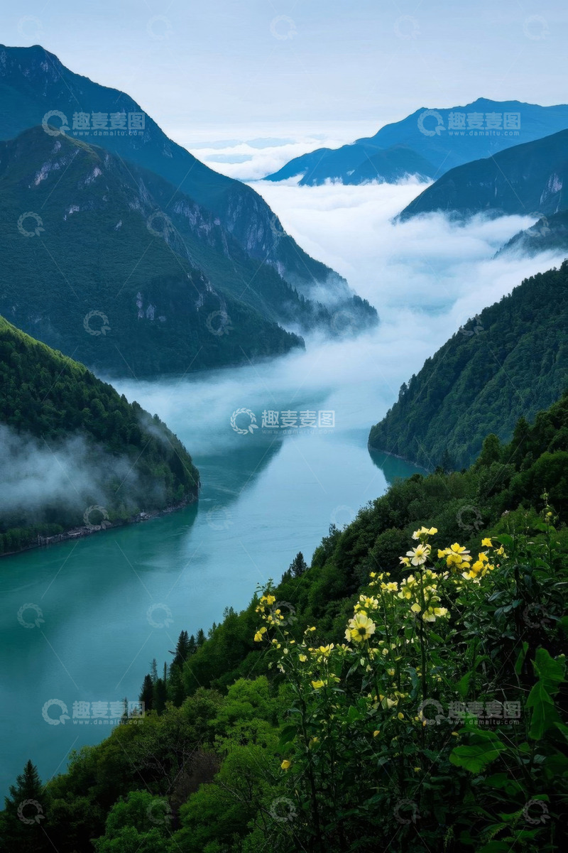 高清大图下载【趣麦麦图】山间河流云雾缭绕自然风光