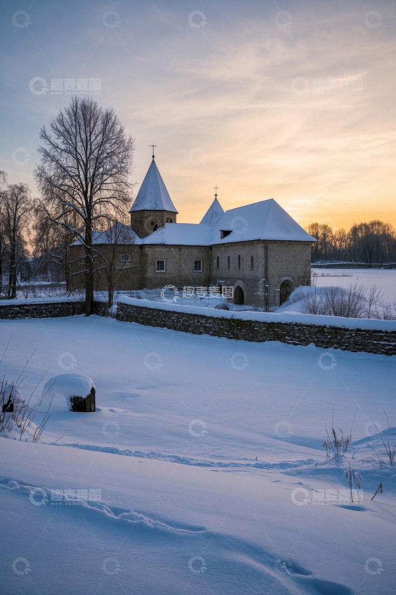 高清大图下载【趣麦麦图】雪后古老教堂全景
