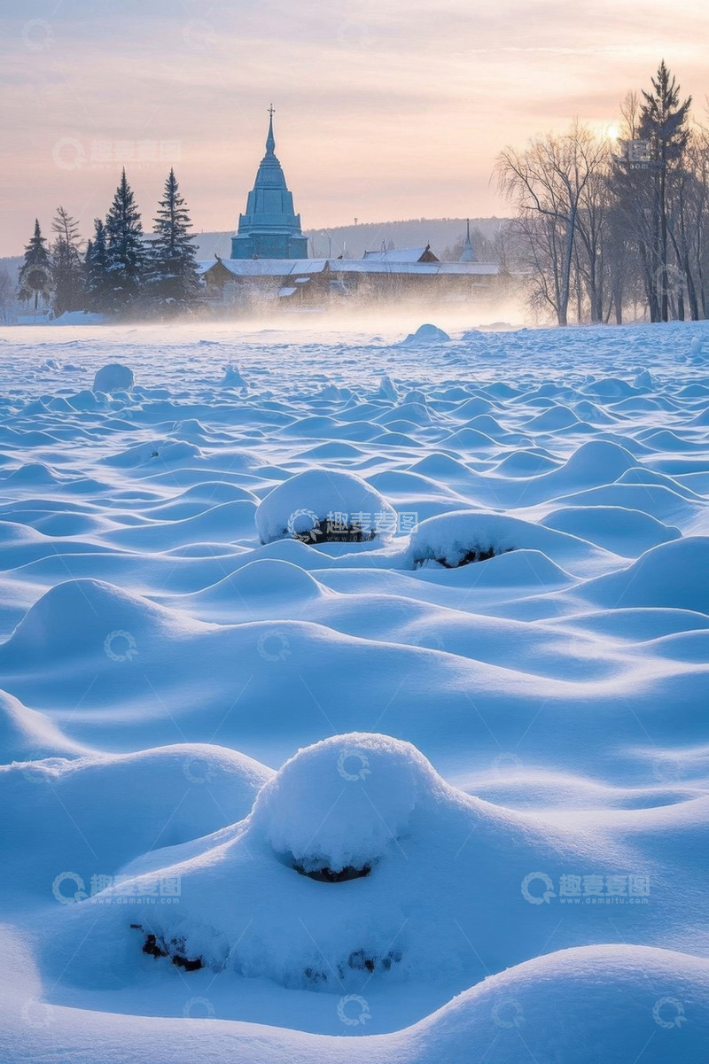 高清大图下载【趣麦麦图】冬日雪地中的建筑与森林景观
