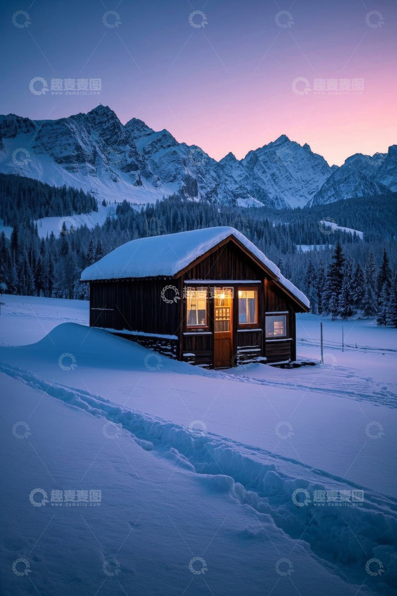 高清大图下载【趣麦麦图】雪山下的木屋雪景