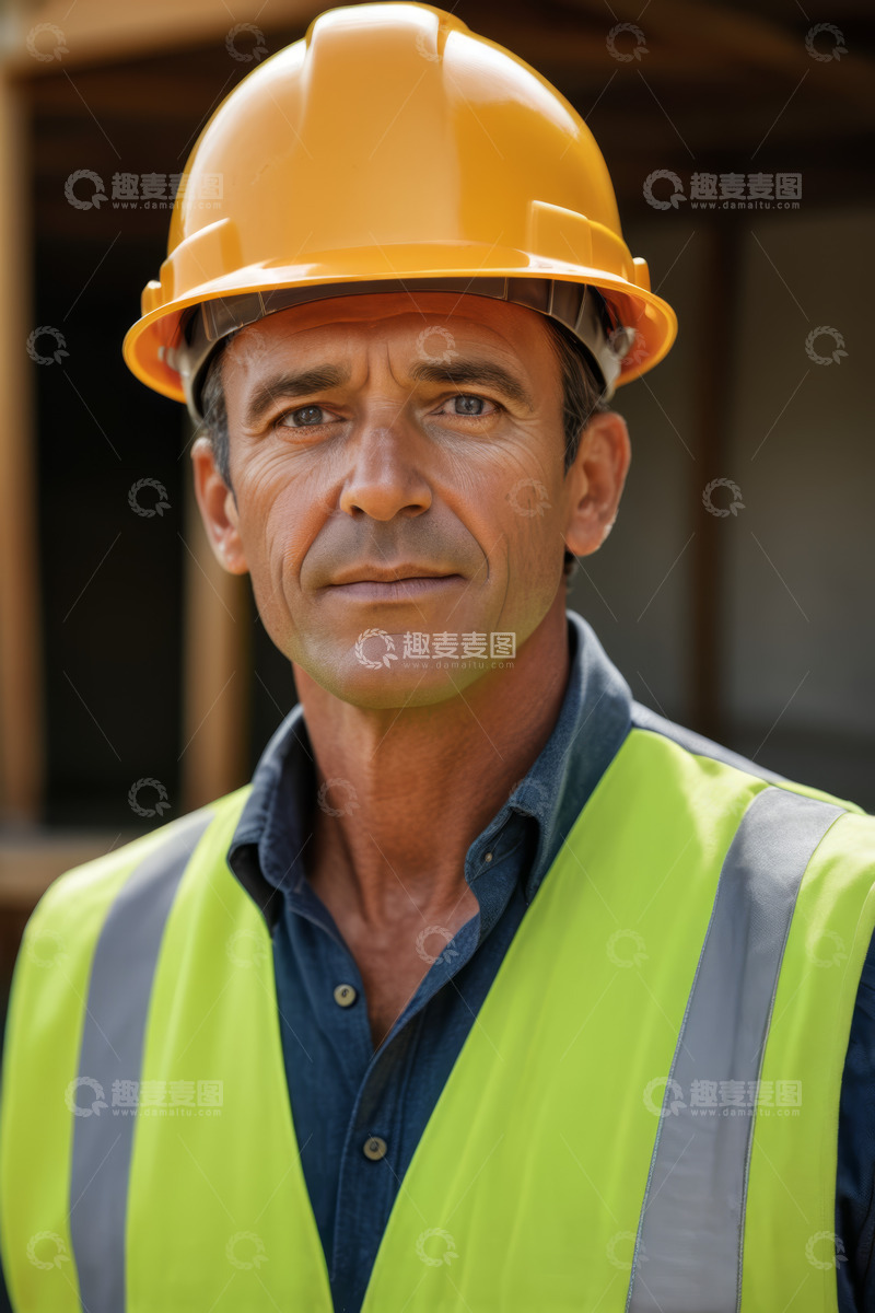 高清大图下载【趣麦麦图】戴安全帽穿反光背心的男性工人
