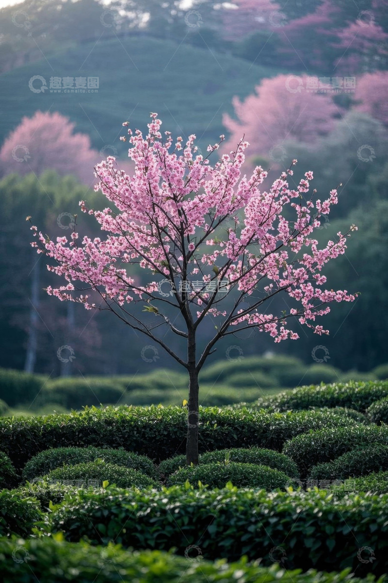 高清大图下载【趣麦麦图】茶园中盛开的樱花树