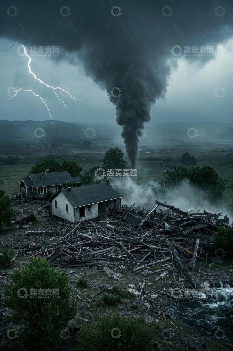 高清大图下载【趣麦麦图】龙卷风袭击乡村房屋场景
