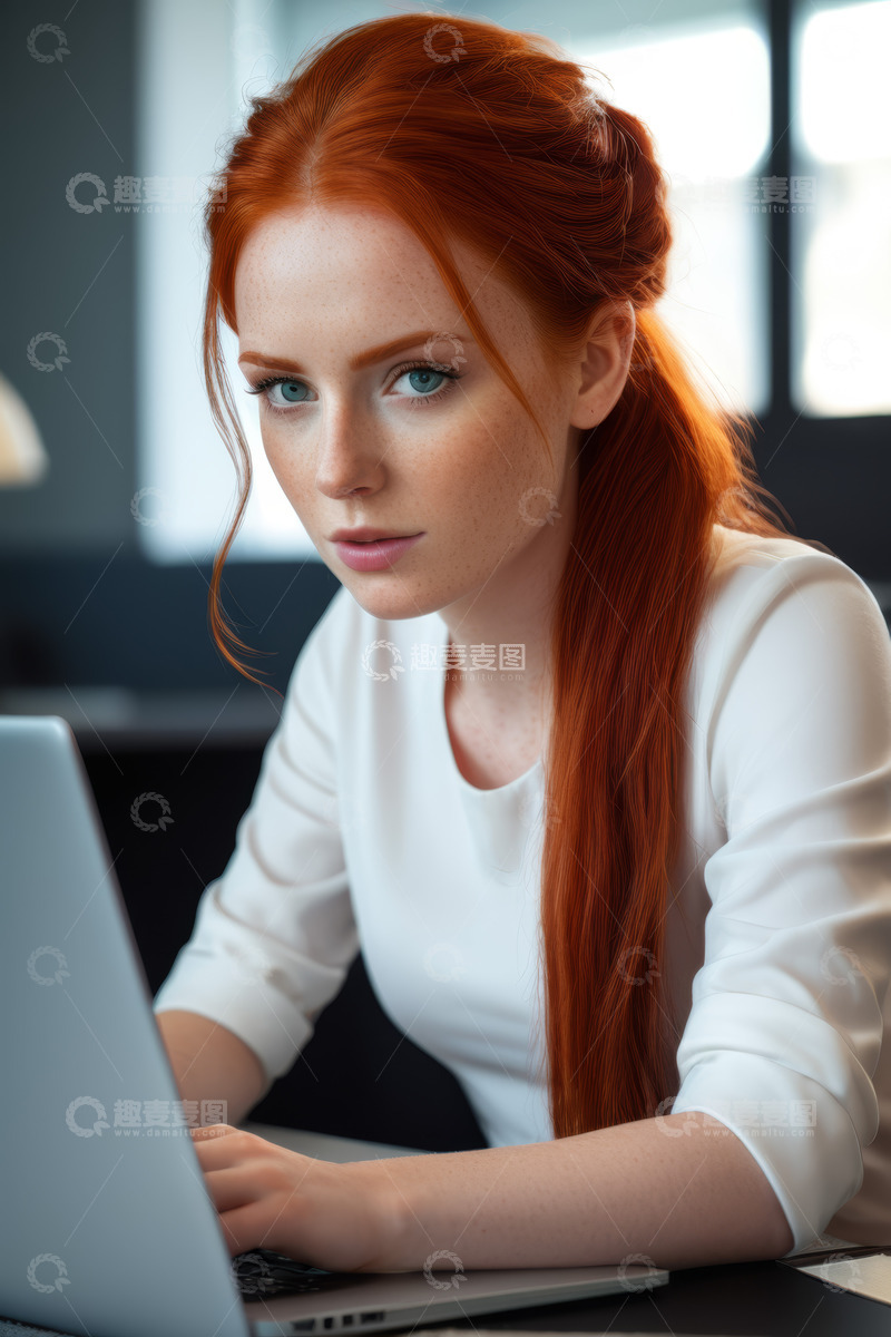 高清大图下载【趣麦麦图】红发女子专注使用笔记本电脑