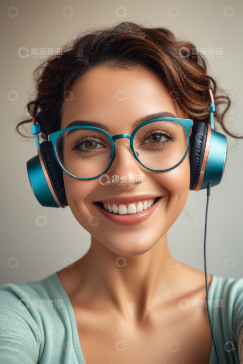 高清大图下载【趣麦麦图】戴耳机微笑的时尚女性