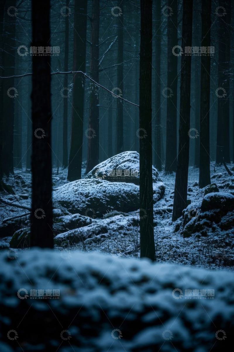 高清大图下载【趣麦麦图】雪覆森林中的岩石景观