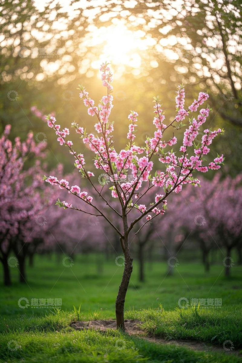 高清大图下载【趣麦麦图】阳光下盛开的粉色桃花树
