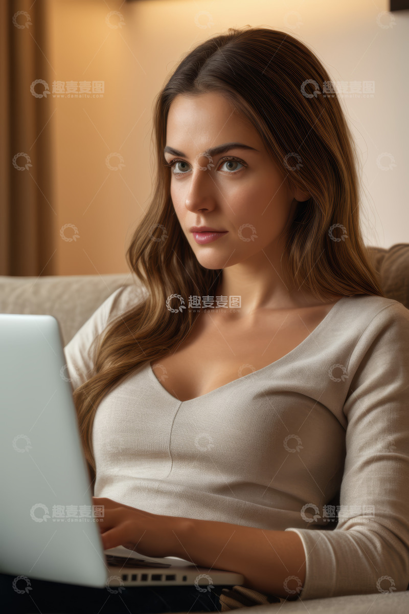 高清大图下载【趣麦麦图】女性居家使用笔记本电脑