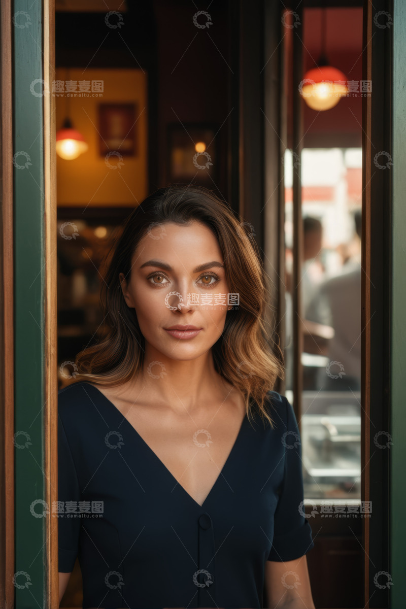 高清大图下载【趣麦麦图】咖啡馆门口的年轻女子特写