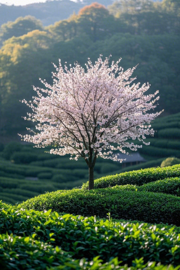 茶园中的盛开樱花树