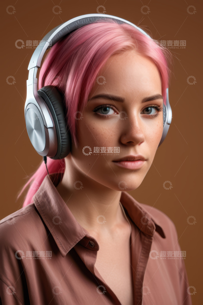 高清大图下载【趣麦麦图】戴耳机的粉色头发年轻女孩
